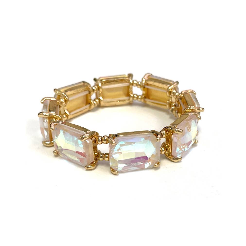 Rectangular Glass Crystal Linked Stretch Bracelet: NEON-GREEN