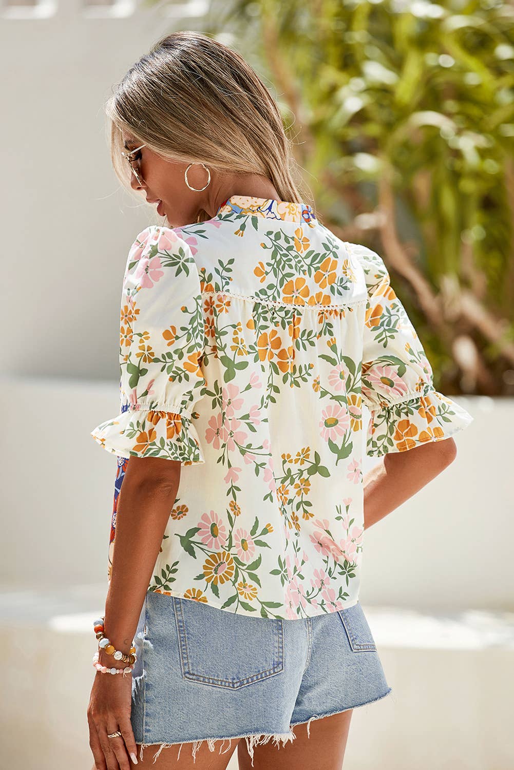 LDC  V Neck Half Sleeve Boho Floral Blouse: Multicolour / Plus-4X