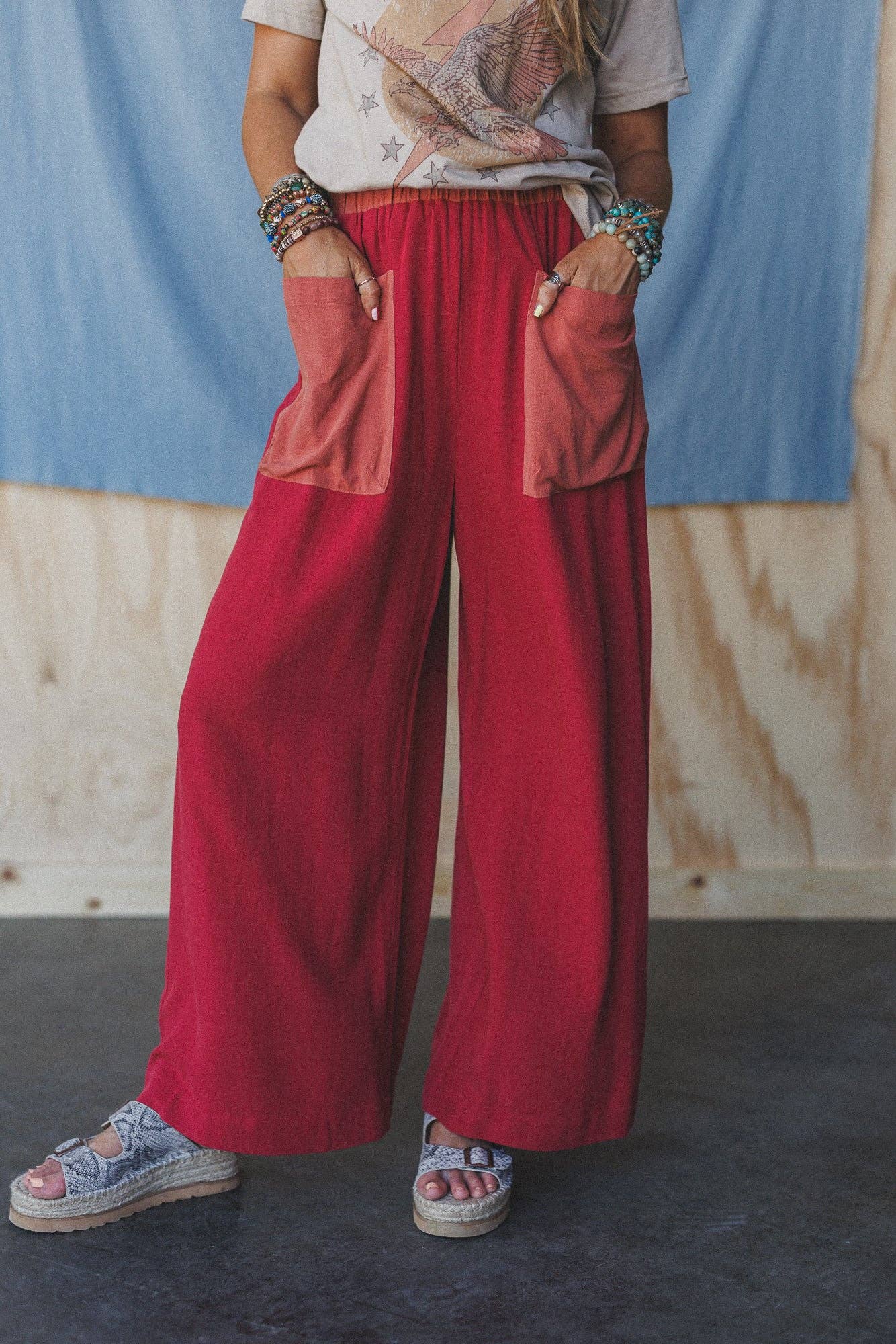 No Rush Wide Leg Pants - Terracotta Multi: Red / S
