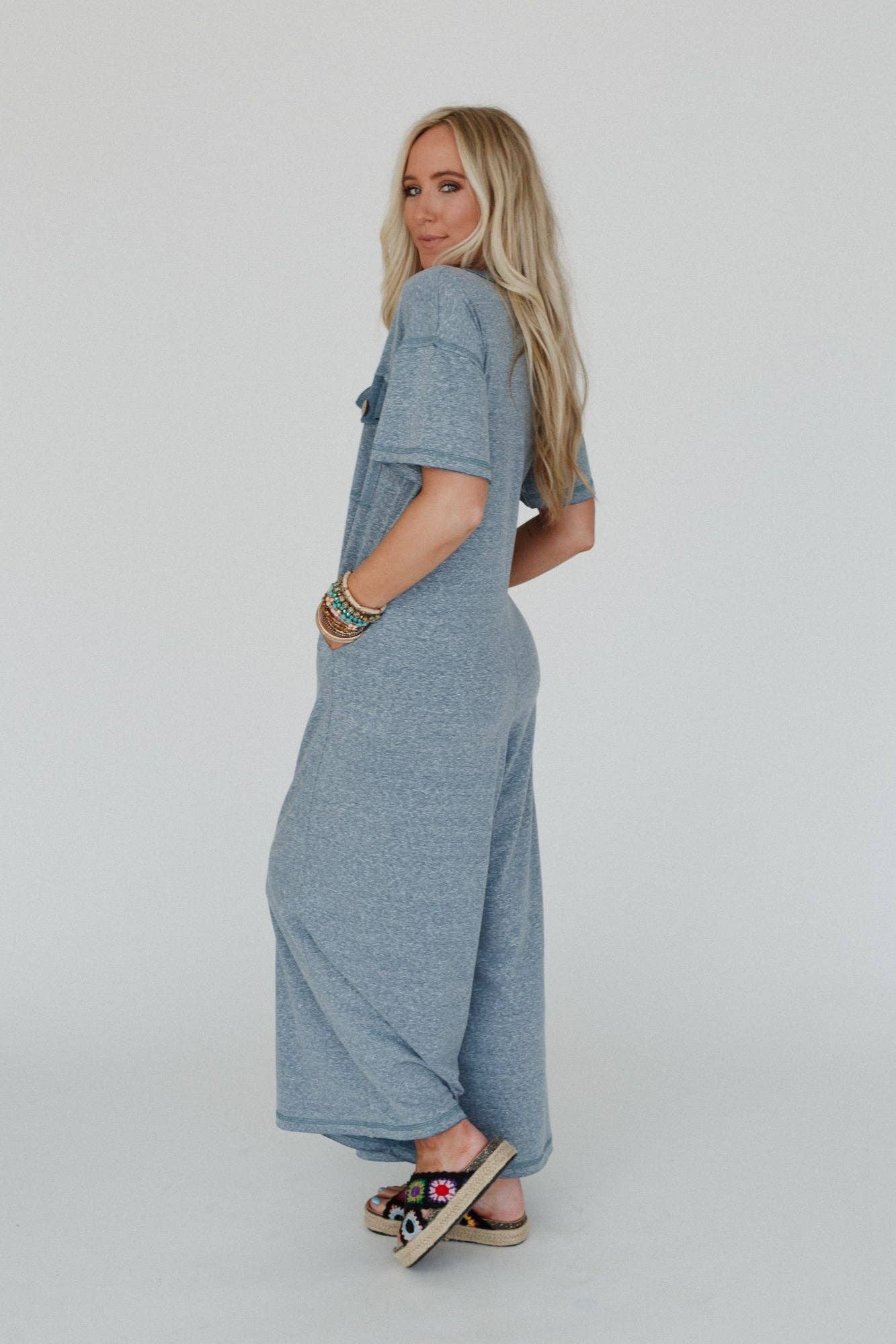 Jodi Short Sleeve Jumpsuit - Teal: L