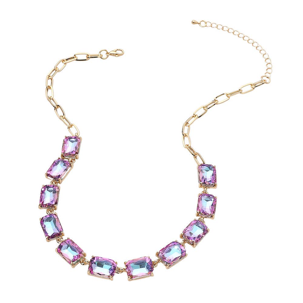 Cushion Rectangular Stone Cluster Link Evening Necklace: AB,Lavender
