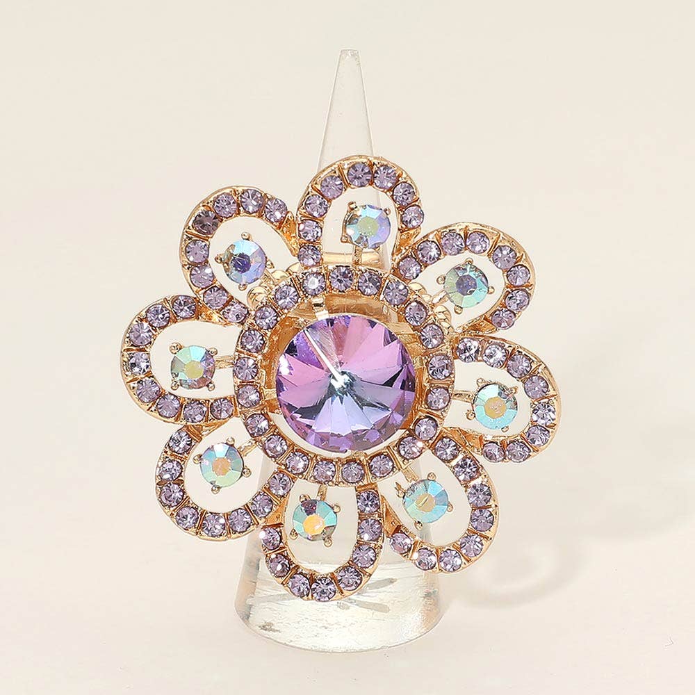Floral Stone Accent Stretch Statement Ring: Lavender