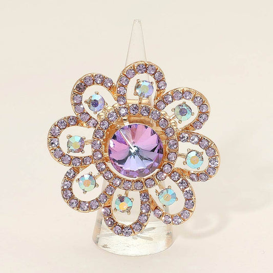 Floral Stone Accent Stretch Statement Ring: Lavender