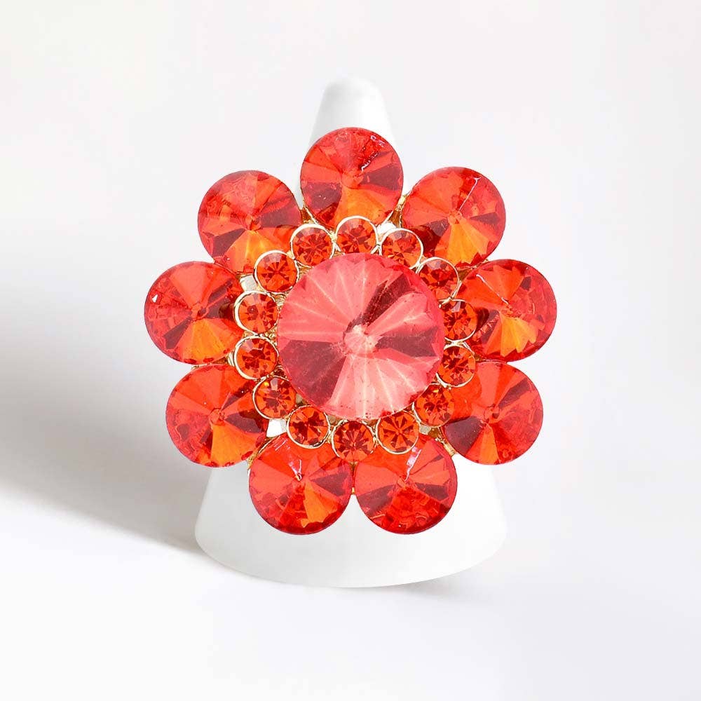 Round Crystal Flower Stretch Ring: Pink&Green