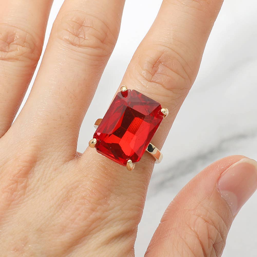 Bold Emerald Cut Stone Cluster Accent Adjustable Ring: AB,Blue