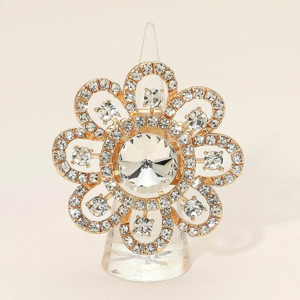 Floral Stone Accent Stretch Statement Ring: AB,Gold