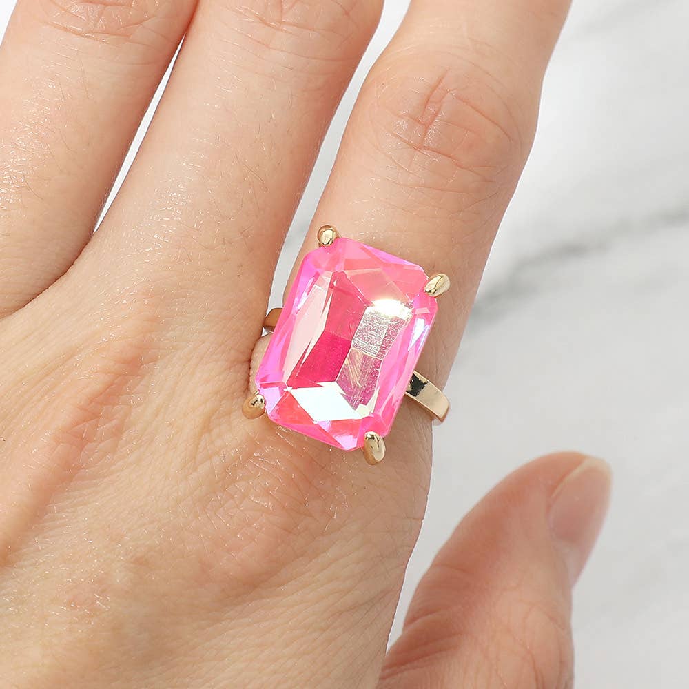 Bold Emerald Cut Stone Cluster Accent Adjustable Ring: AB,Blue