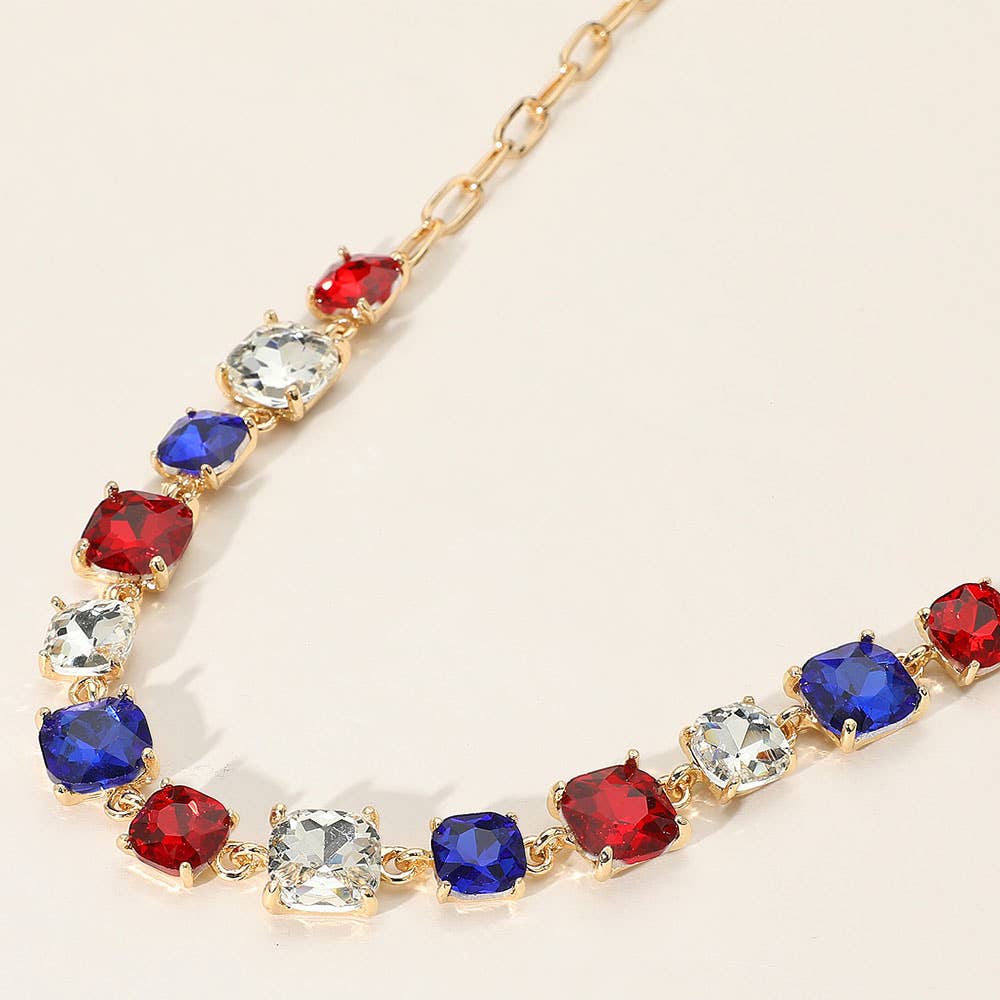 Cushion Square Stone Link Evening Necklace: AB,Blue