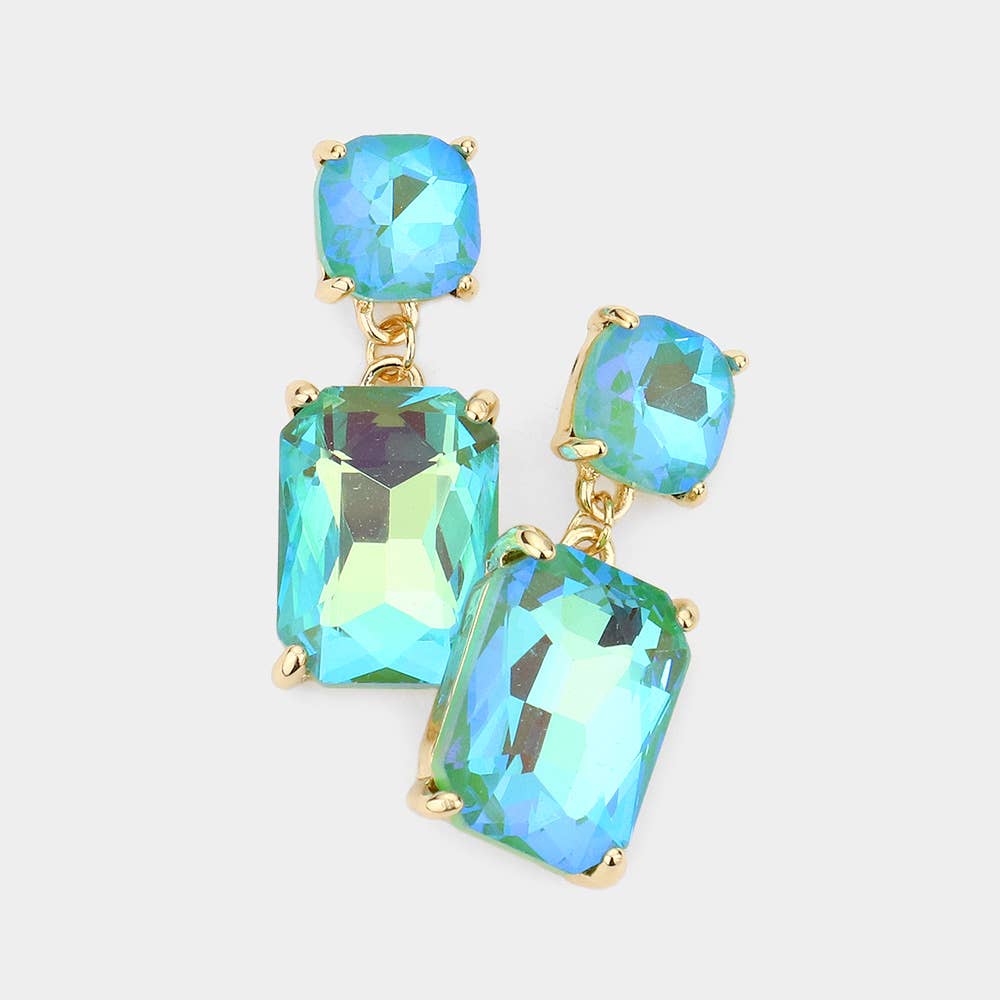 Square Rectangle Glass Stone Link Dangle Evening Earrings: LP-AB