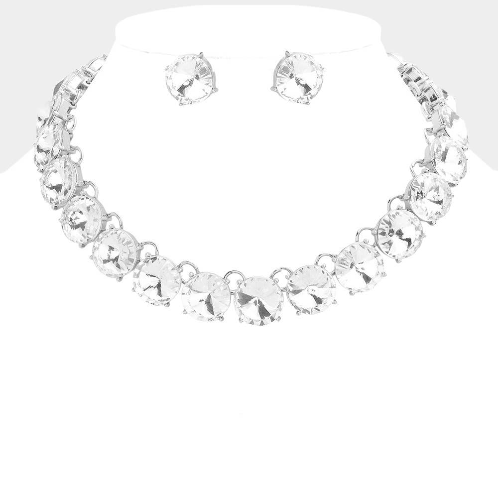 Round Stone Link Evening Necklace: AB,Silver