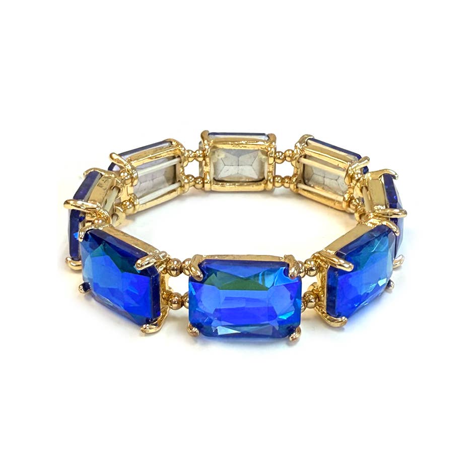 Rectangular Glass Crystal Linked Stretch Bracelet: NEON-GREEN