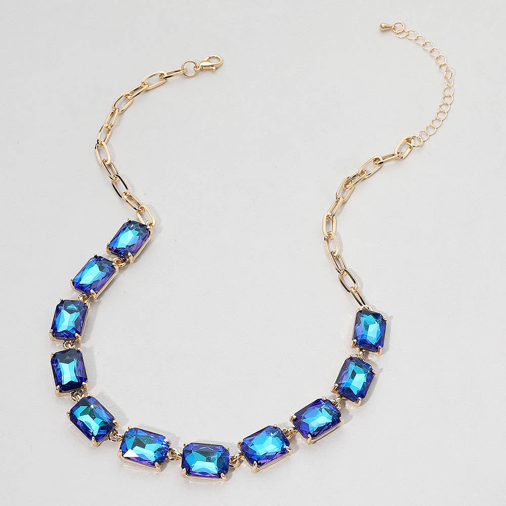 Cushion Rectangular Stone Cluster Link Evening Necklace: AB,Antique Silver