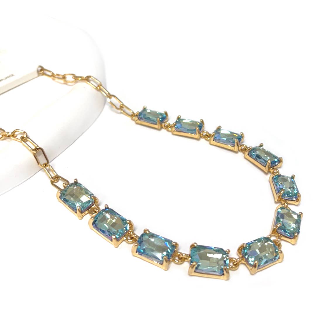 Rectangle Crystal Glass Linked Statement Chain Necklace : Neon Multi
