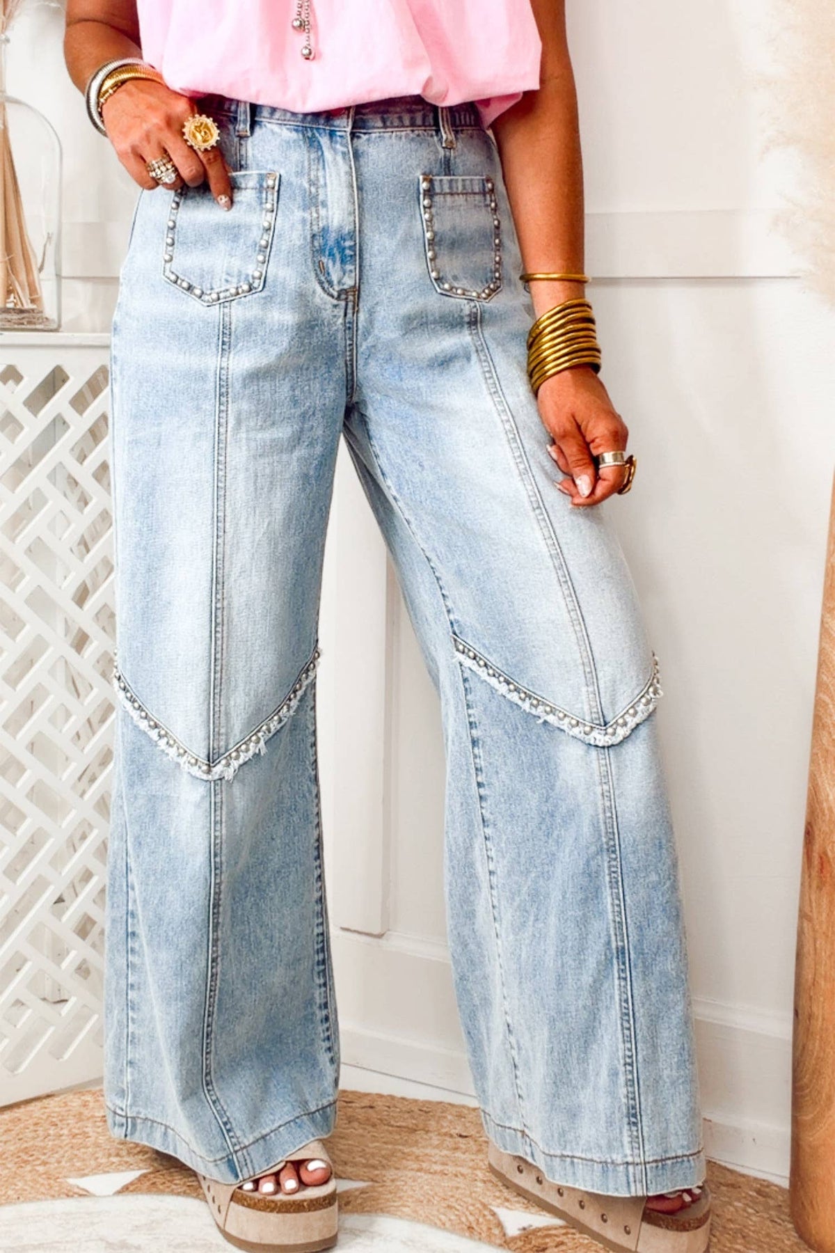 66 Frayed Studded Detail Wide Leg Pocketed Jeans (4-16): Beau Blue / 6