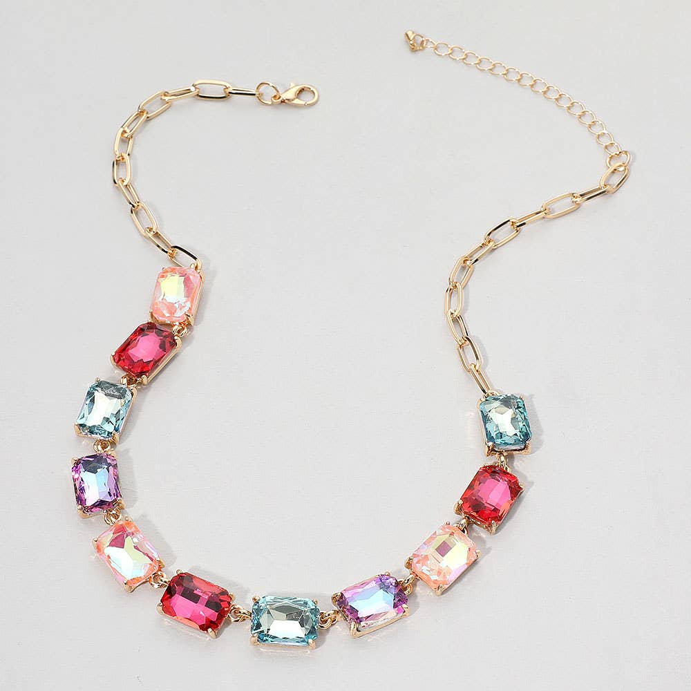 Cushion Rectangular Stone Cluster Link Evening Necklace: AB,Multi