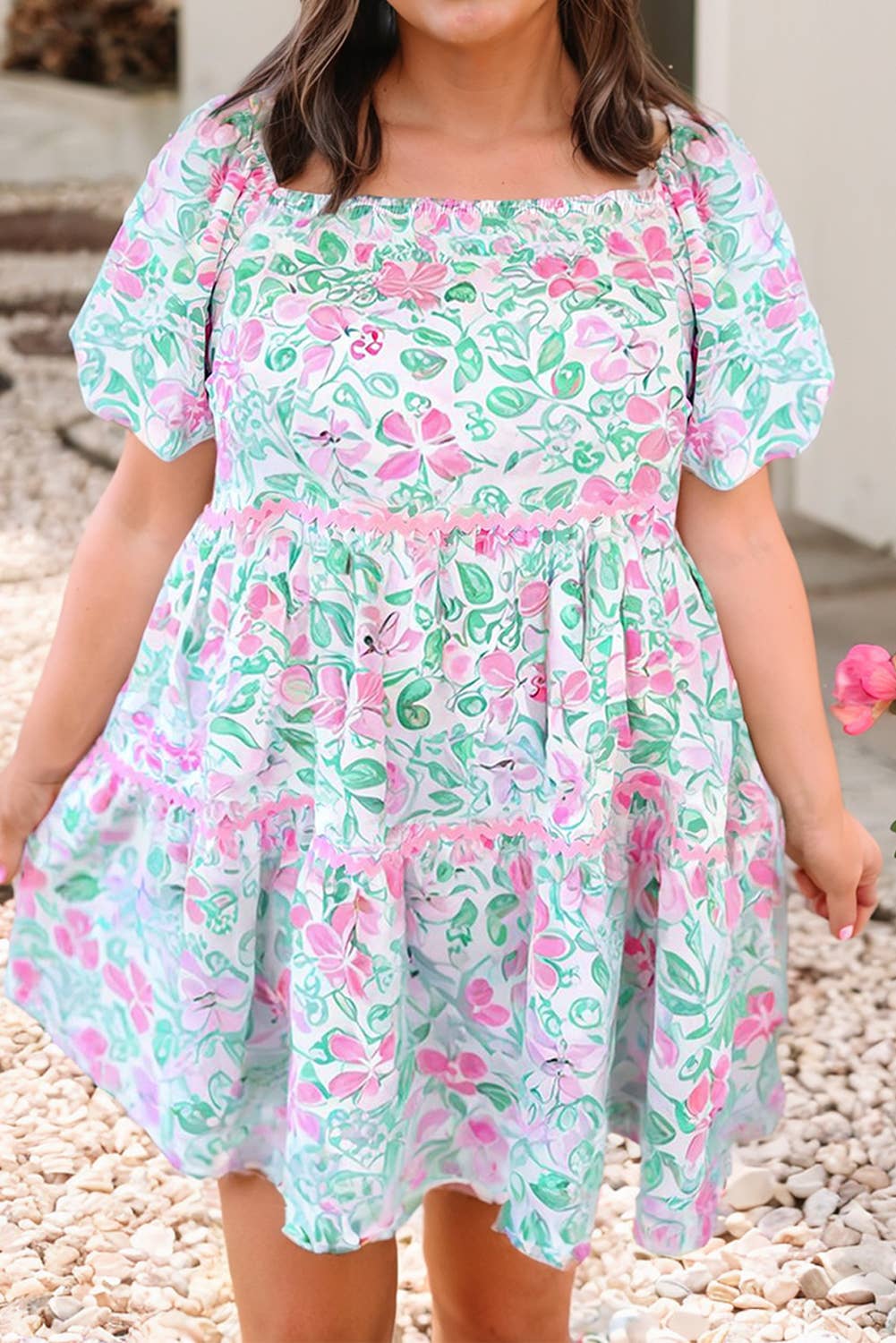 LDC Floral Print Ric-rac Trim Square Neck Plus Size Dress: White / Plus-1X
