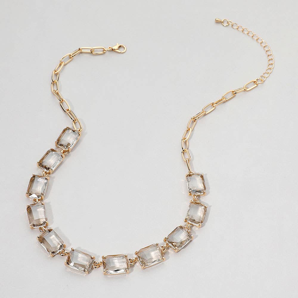 Cushion Rectangular Stone Cluster Link Evening Necklace: AB,Antique Silver