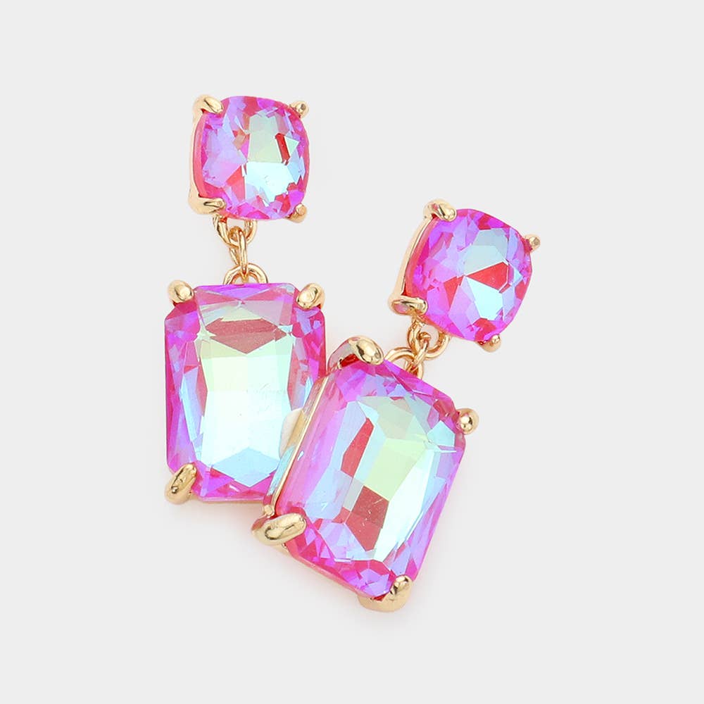 Square Rectangle Glass Stone Link Dangle Evening Earrings: G-MT-AB