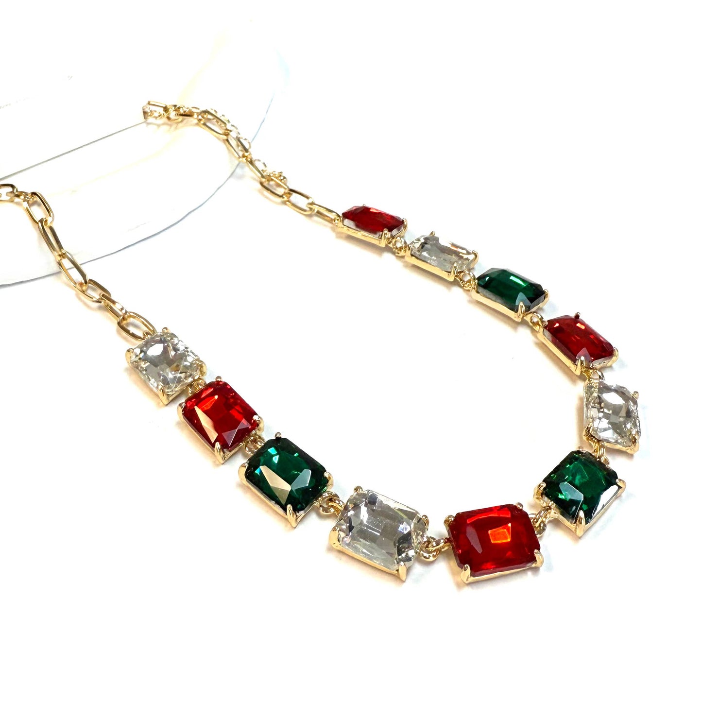 Rectangle Crystal Glass Linked Statement Chain Necklace : Neon Multi