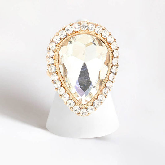 Crystal rhinestone teardrop stretch cocktail ring: Gold