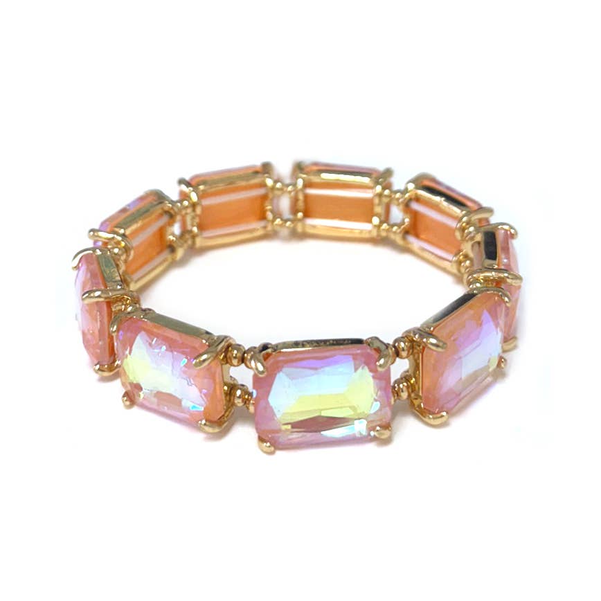 Rectangular Glass Crystal Linked Stretch Bracelet: NEON-FUCHSIA