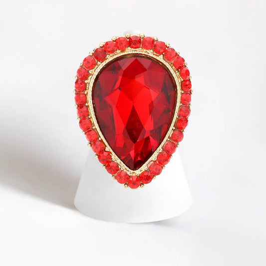 Crystal rhinestone teardrop stretch cocktail ring: Red