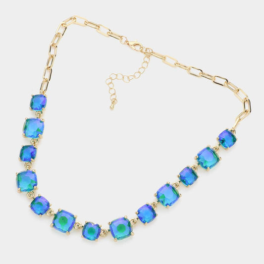 Cushion Square Stone Link Evening Necklace: AB,Blue