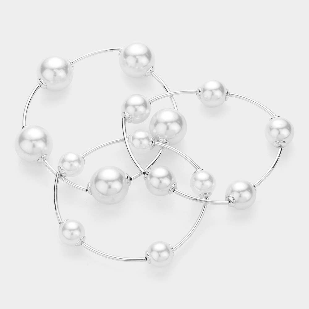 3PCS - Pearl Stretch Multi Layered Bracelets: Silver