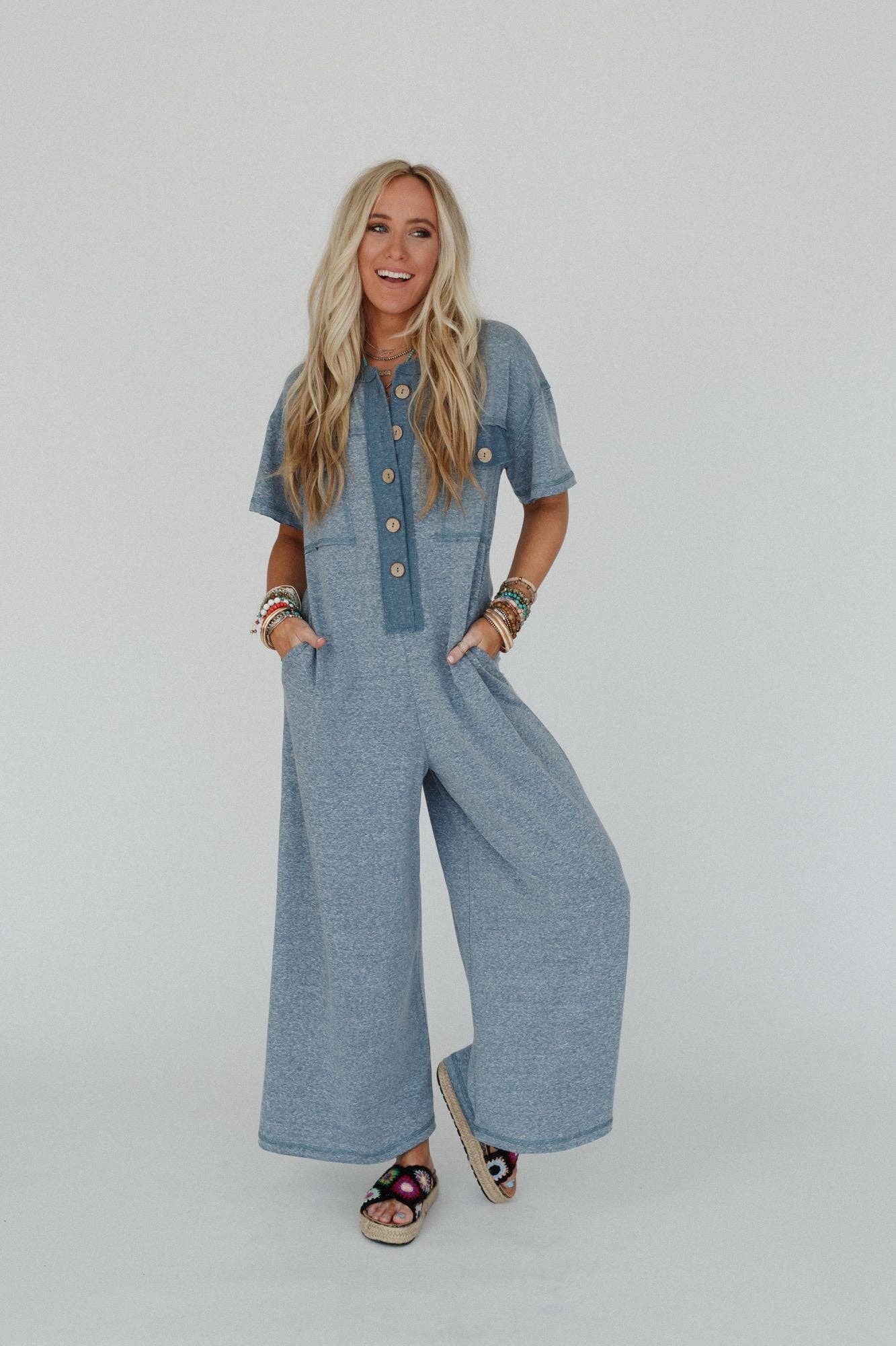 Jodi Short Sleeve Jumpsuit - Teal: S