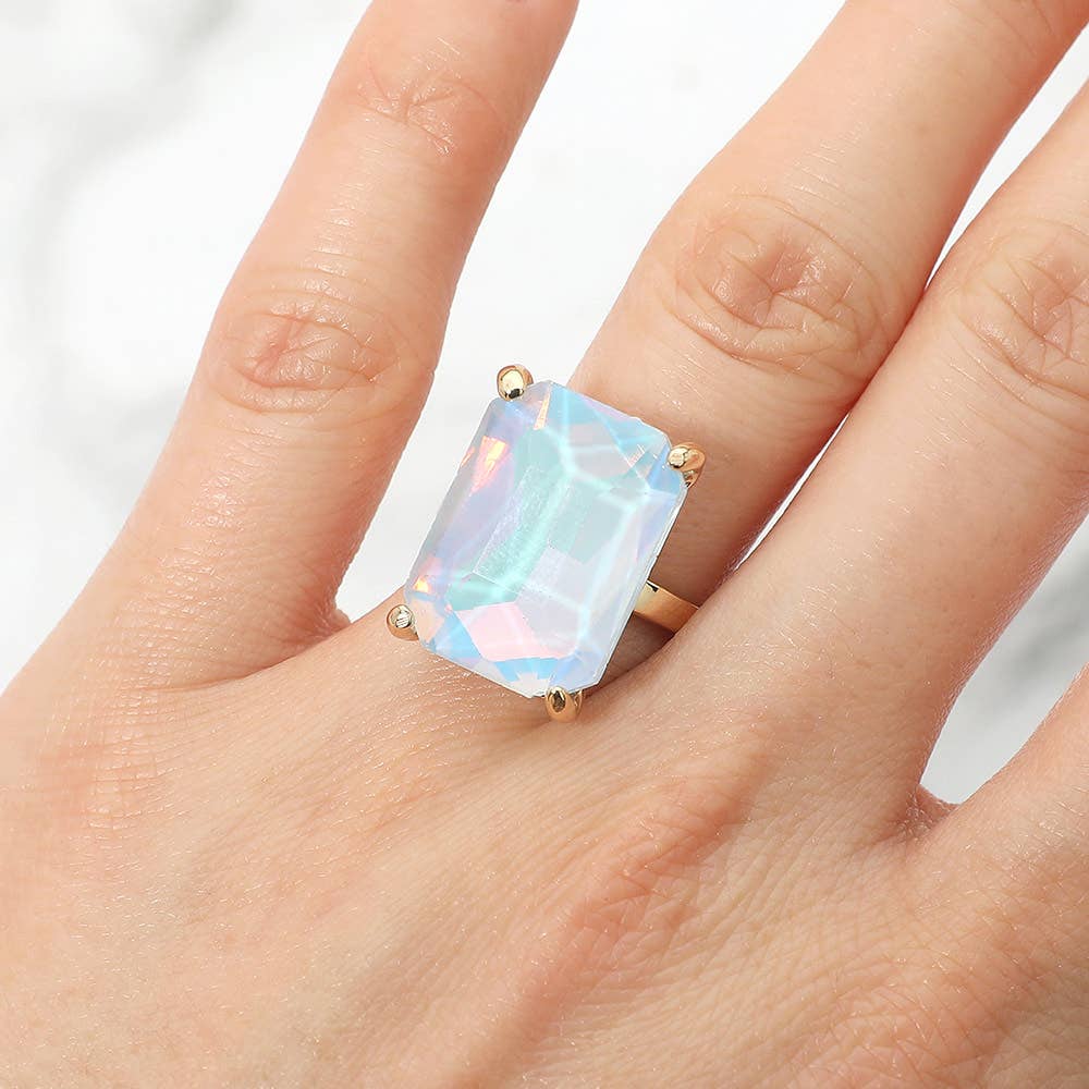 Bold Emerald Cut Stone Cluster Accent Adjustable Ring: AB,Blue