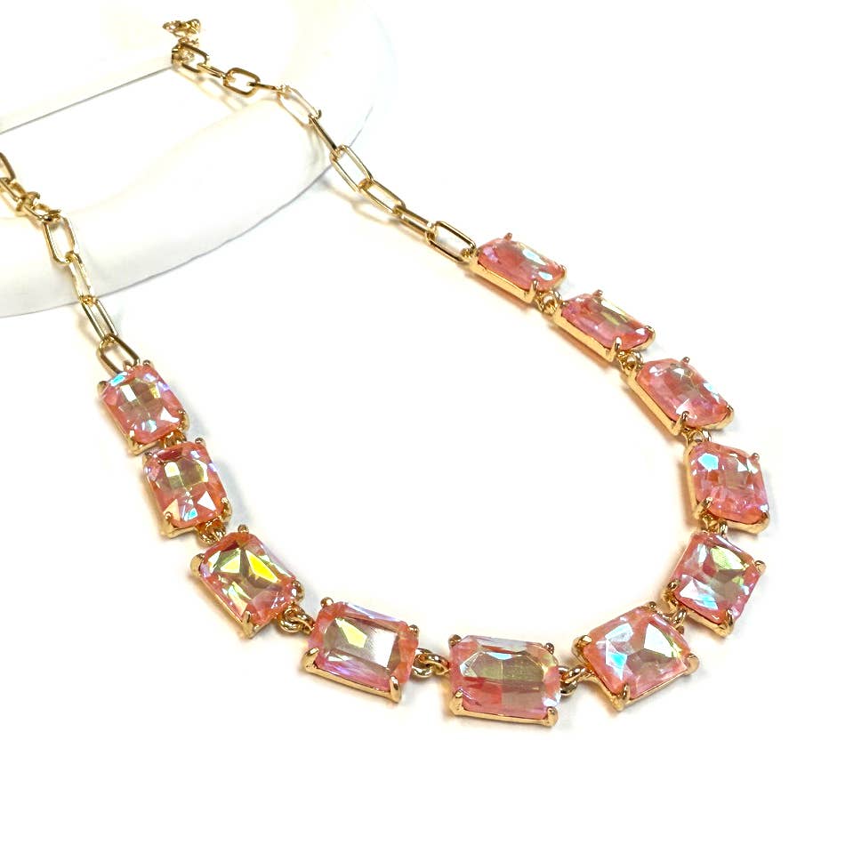 Rectangle Crystal Glass Linked Statement Chain Necklace : Neon Multi