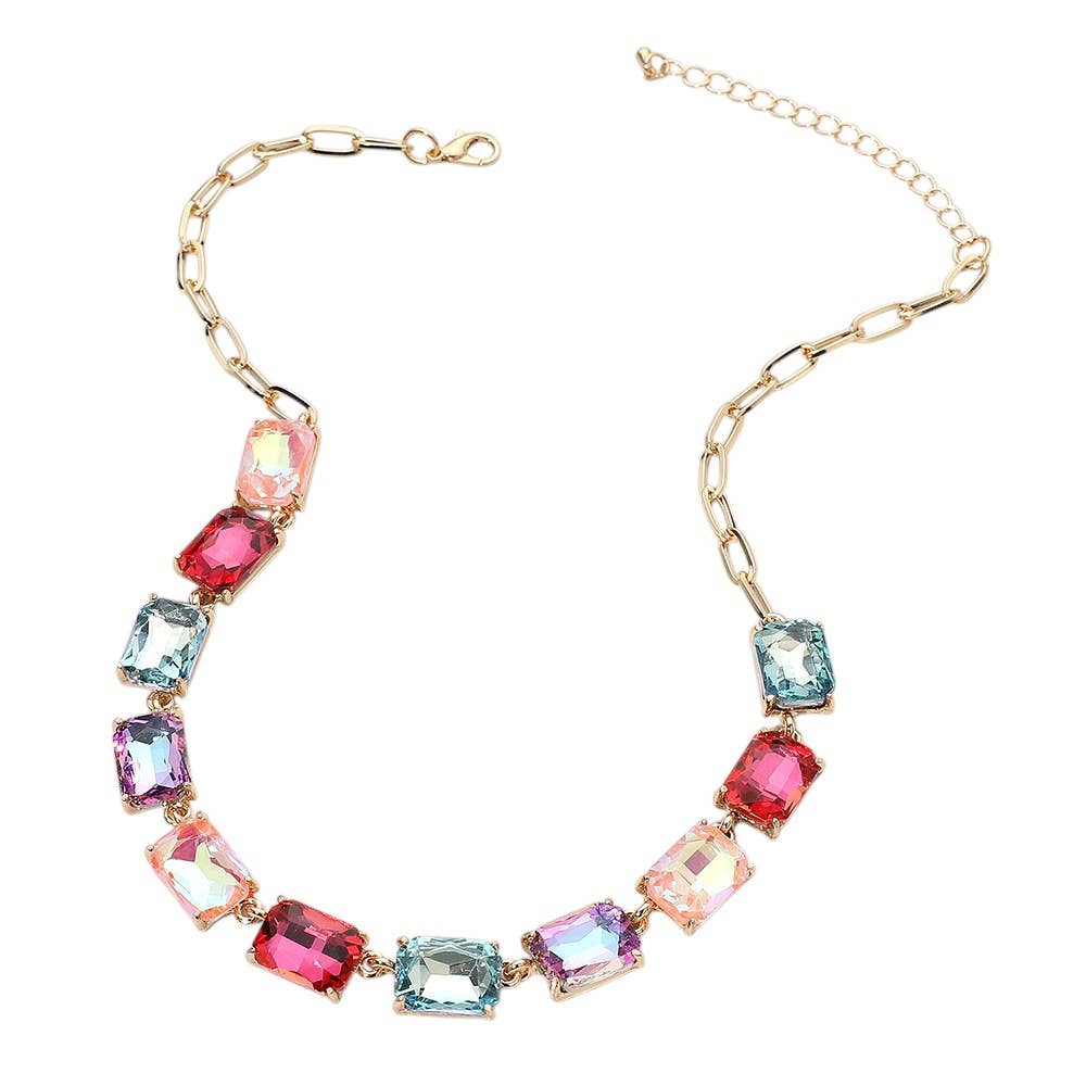 Cushion Rectangular Stone Cluster Link Evening Necklace: AB,Multi