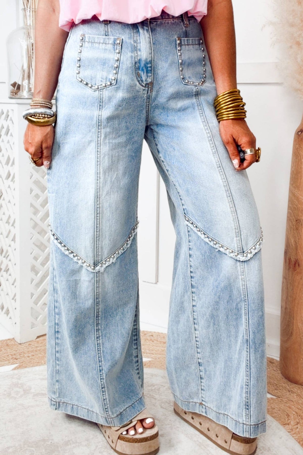 66 Frayed Studded Detail Wide Leg Pocketed Jeans (4-16): Beau Blue / 8