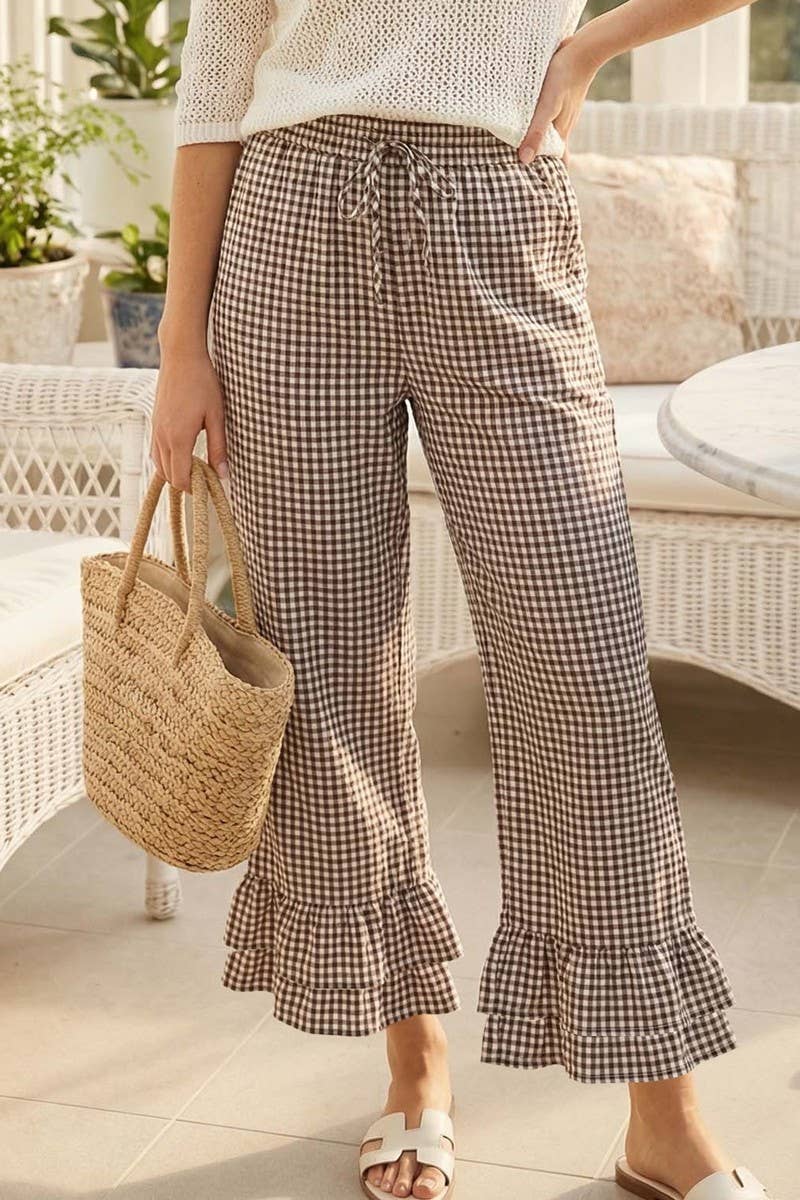 Gingham Casual Ruffled Hem 100%Cotton Cropped Pants VP83379A: Red / S