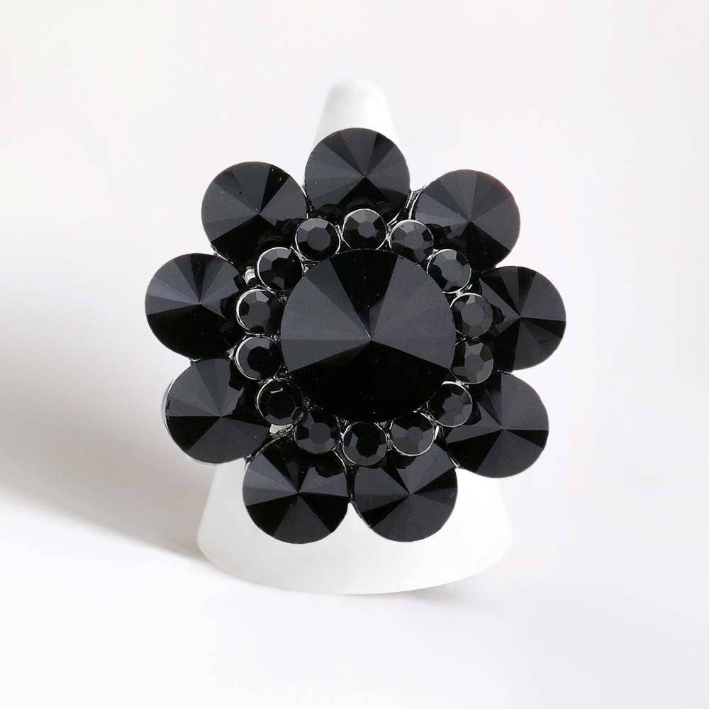 Round Crystal Flower Stretch Ring: AB,Silver