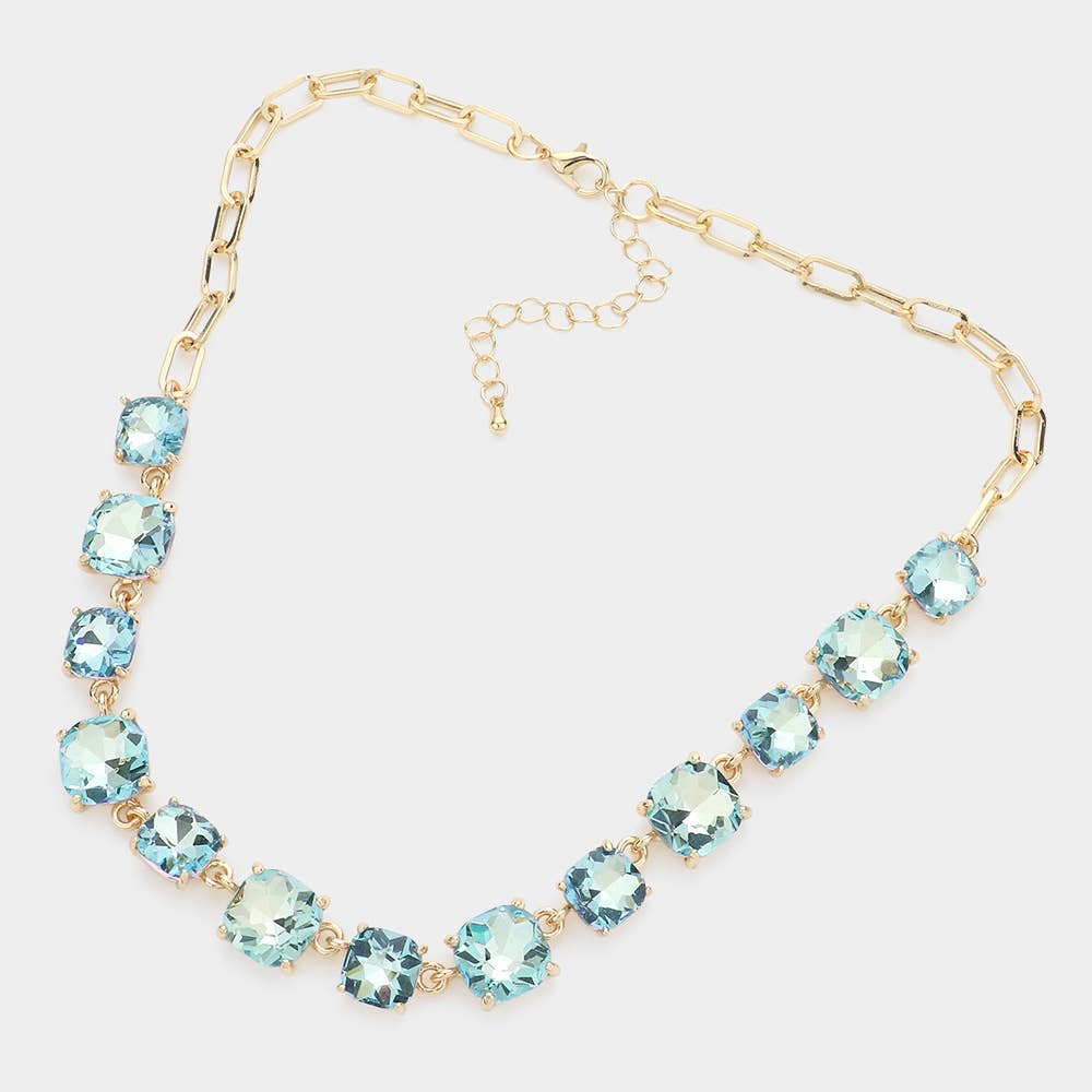 Cushion Square Stone Link Evening Necklace: AB,Pink