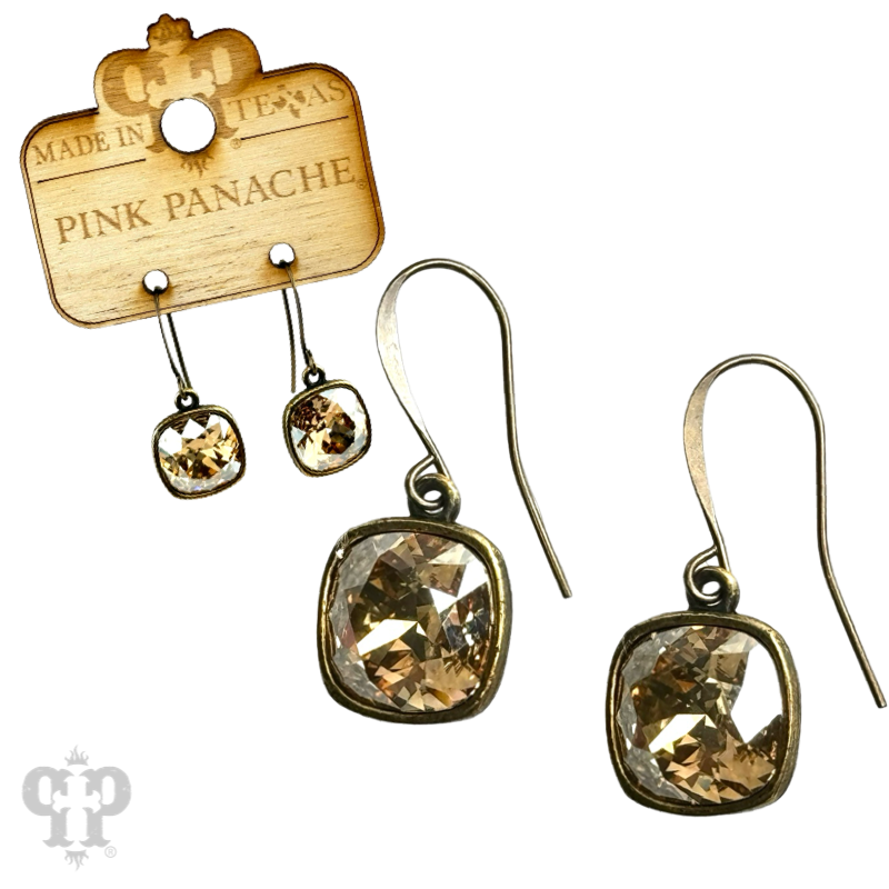 Austrian square crystal hook earring, 12mm: Clear/Bronze
