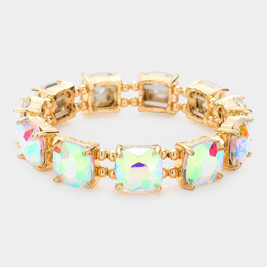 Cushion Square Stone Stretch Evening Bracelet: Gold Ab