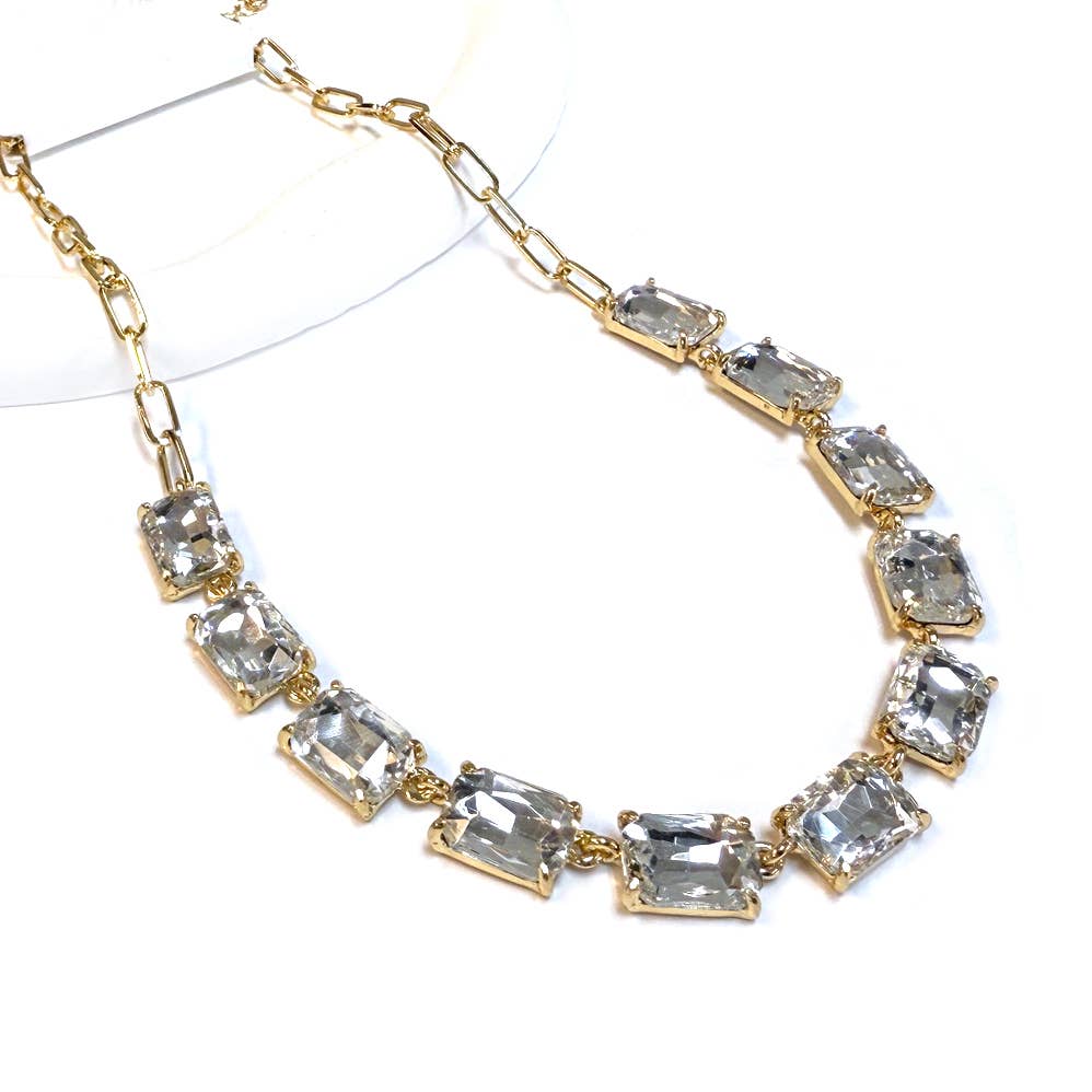 Rectangle Crystal Glass Linked Statement Chain Necklace : Neon Multi