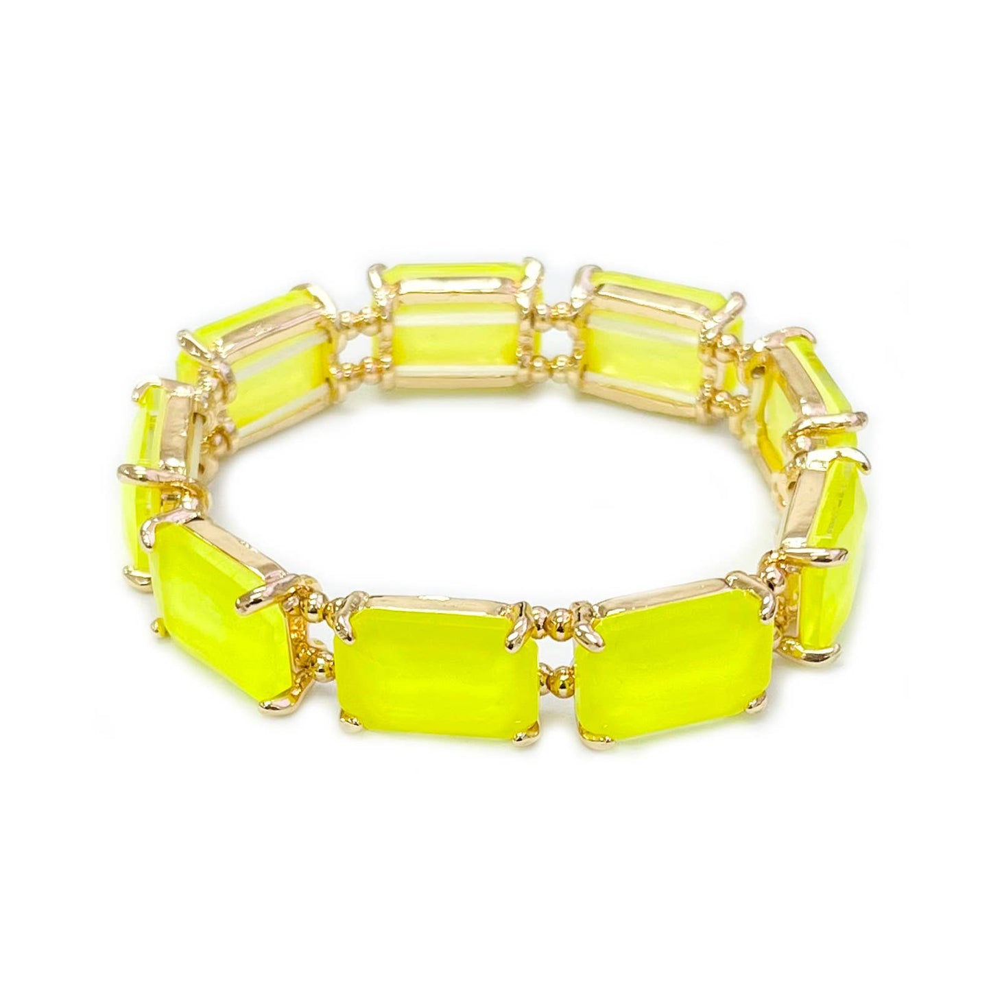 Rectangular Glass Crystal Linked Stretch Bracelet: NEON-GREEN