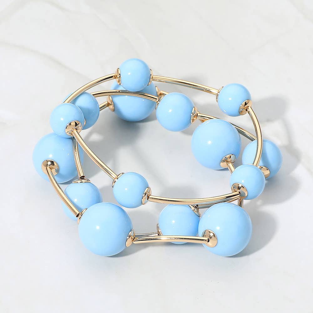 3PCS - Resin Ball Metal Bar Beaded Stretch Stackable Multi Layered Bracelets: Gold,Light Blue