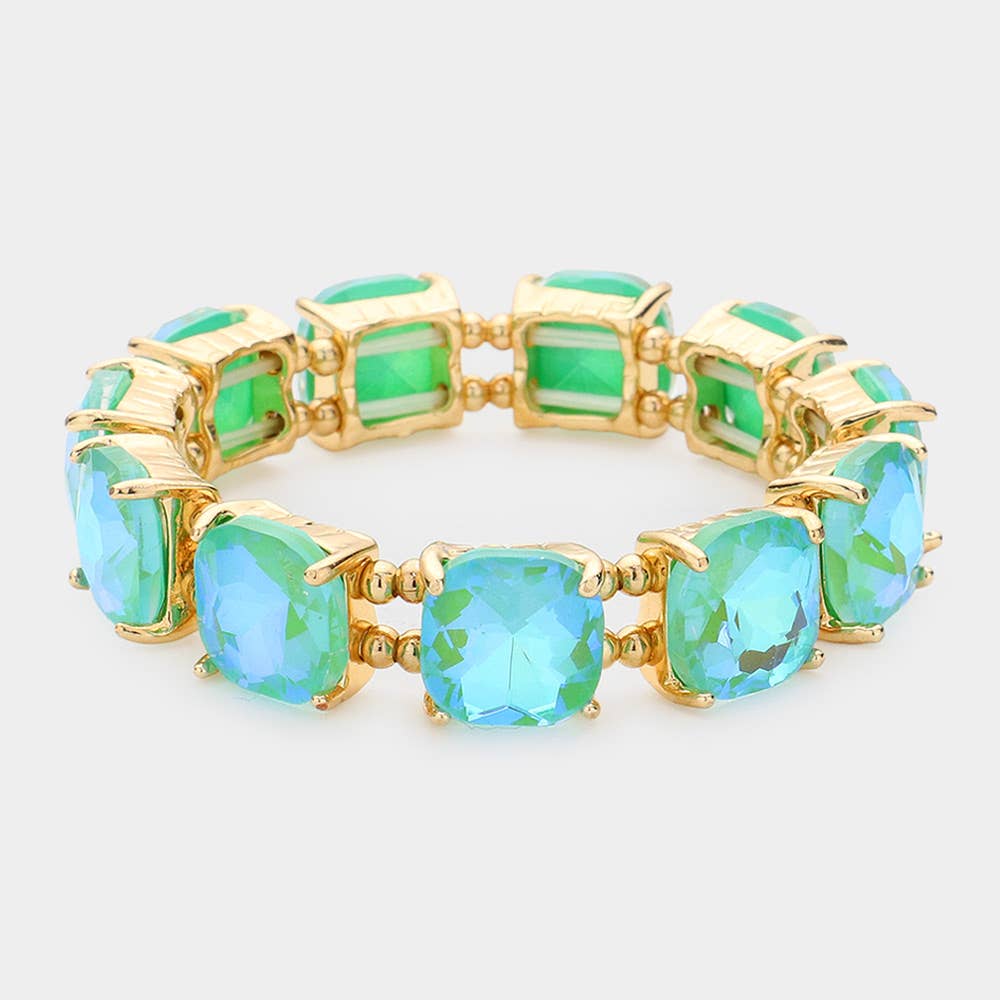 Cushion Square Stone Stretch Evening Bracelet: Gold Ab