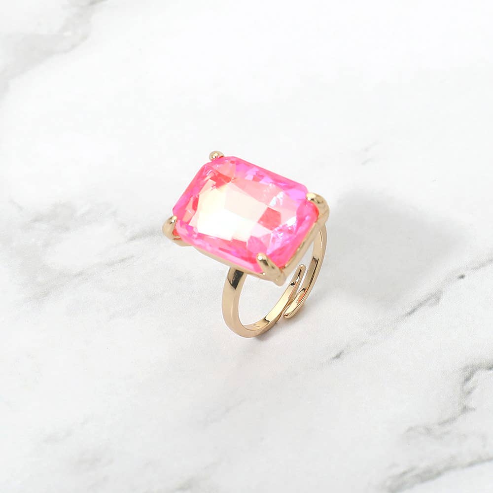 Bold Emerald Cut Stone Cluster Accent Adjustable Ring: AB,Blue