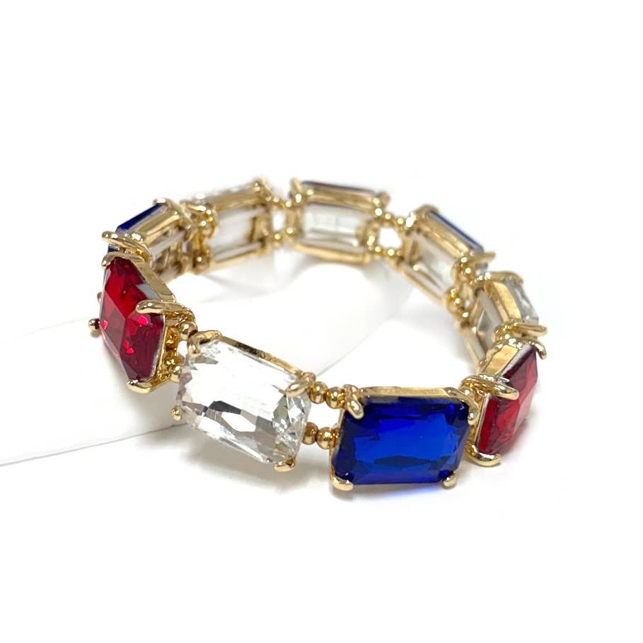 Rectangular Glass Crystal Linked Stretch Bracelet: NEON-MULTI