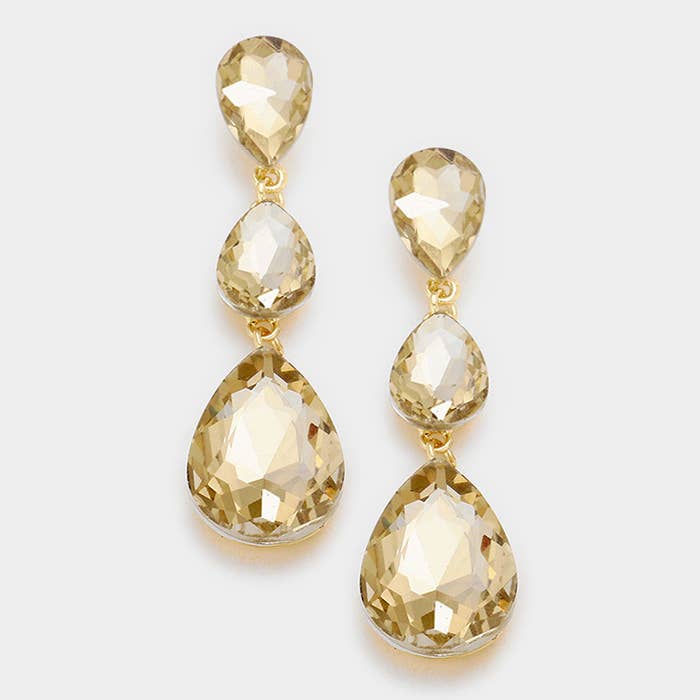 Triple Glass Crystal Teardrop Evening Earrings: Pink