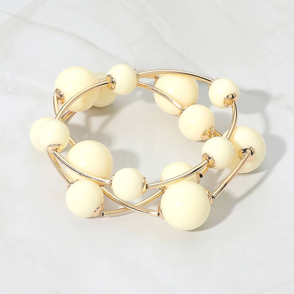 3PCS - Resin Ball Metal Bar Beaded Stretch Stackable Multi Layered Bracelets: Gold,Light Blue