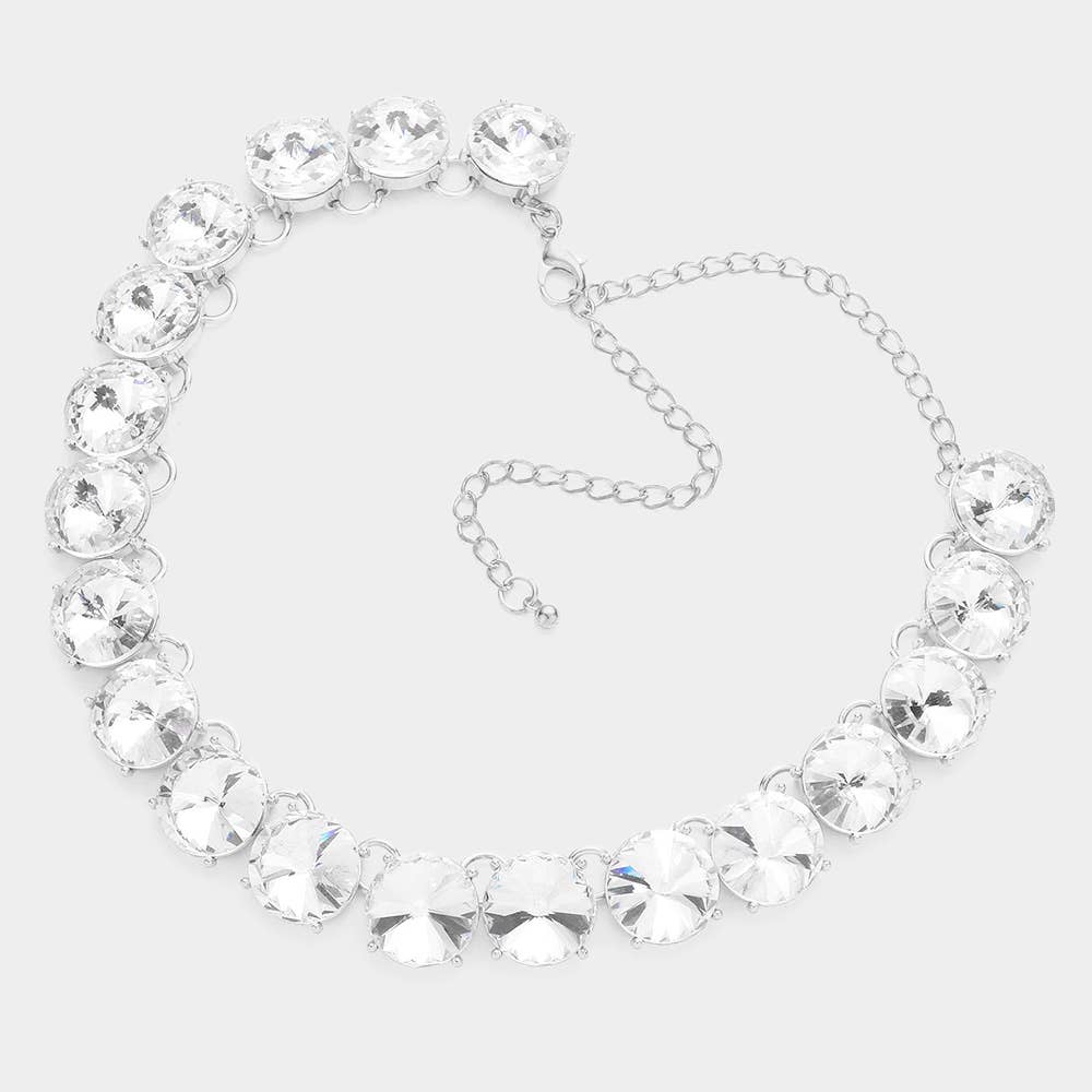 Round Stone Link Evening Necklace: AB,Silver