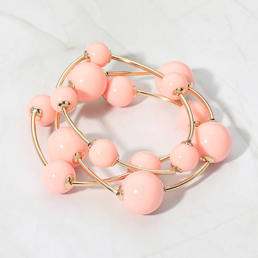 3PCS - Resin Ball Metal Bar Beaded Stretch Stackable Multi Layered Bracelets: Gold,Light,Pink