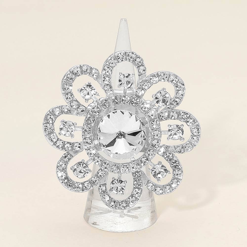 Floral Stone Accent Stretch Statement Ring: AB,Silver