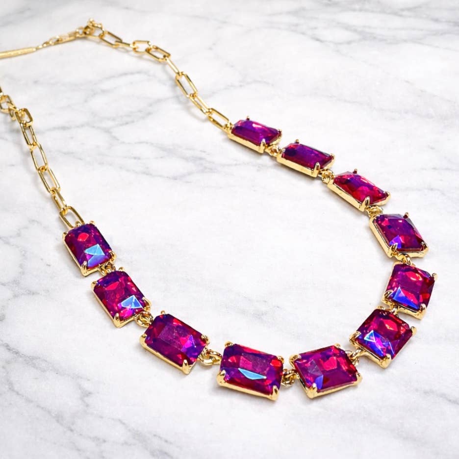 Rectangle Crystal Glass Linked Statement Chain Necklace : Neon Multi